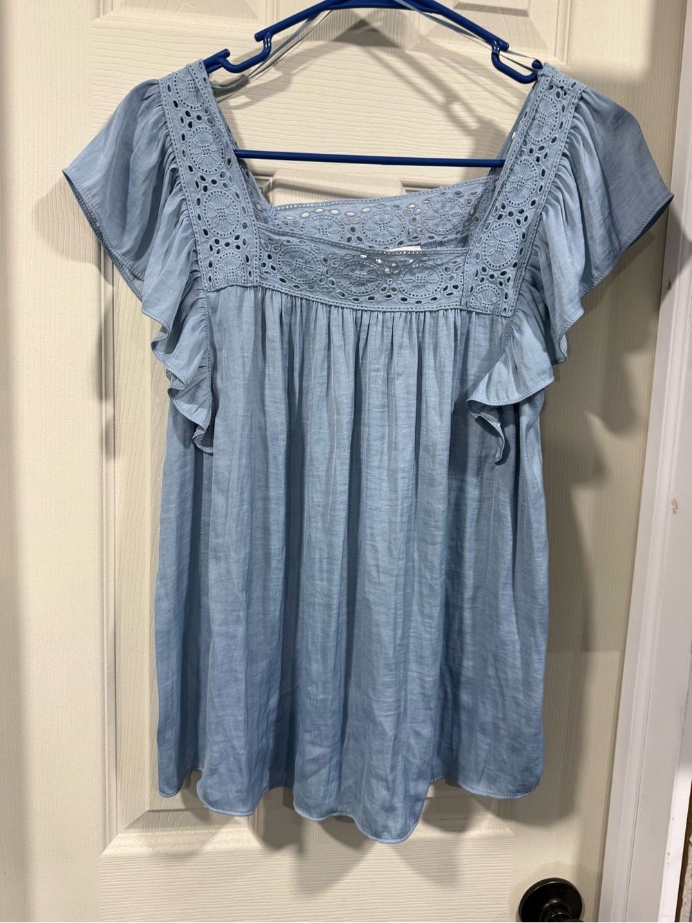 Rachel Zoe Light Blue Crochet Yoke Flutter Sleeve Tunic